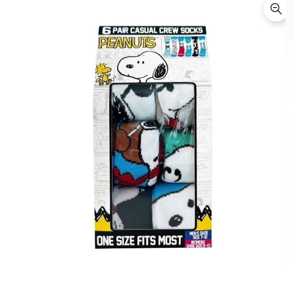 Peanuts Character 6-Pack Casual Crew Sock One Size Fits Most - Picture 2 of 4